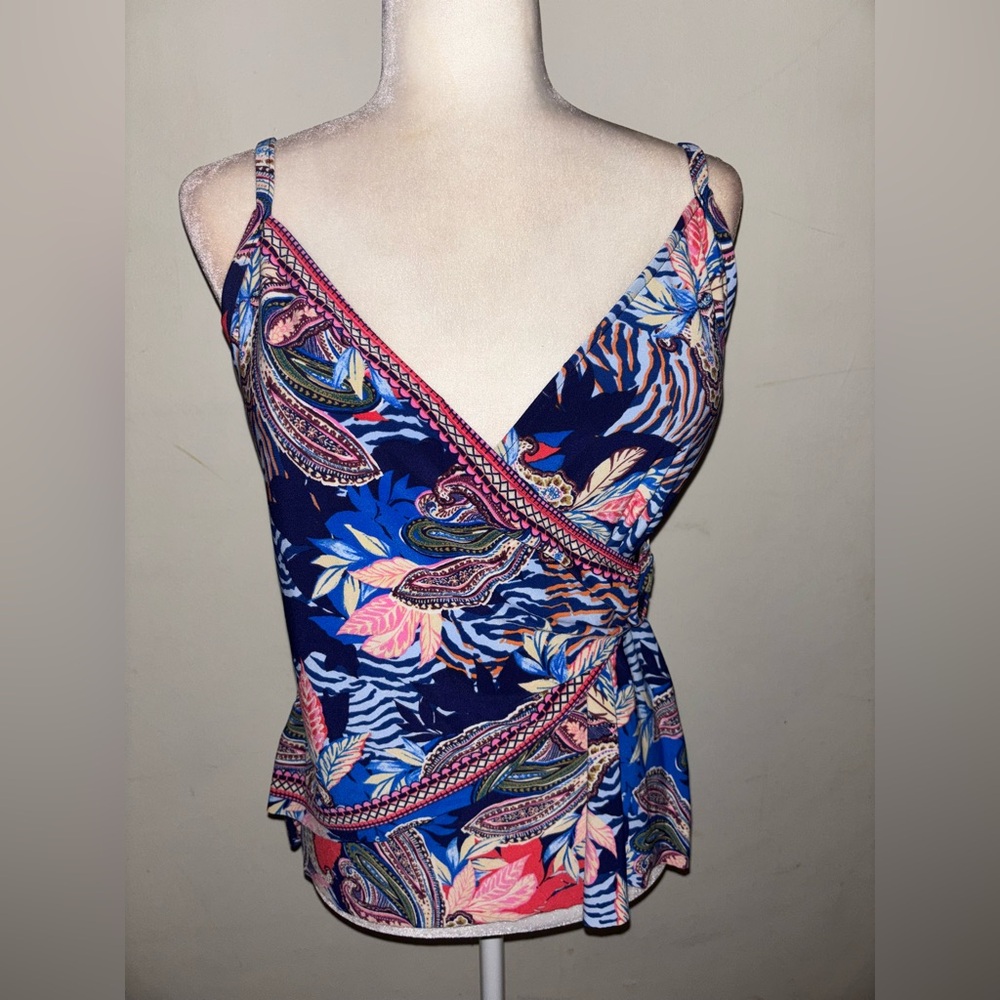 NWT Aqua Green Womens Wrap Front Ring Tankini Top Swimsuit Multicolor Paisley L
